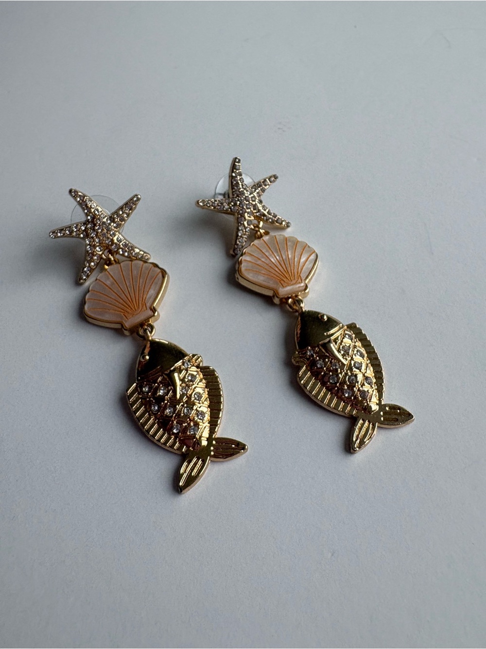 Sugarfix BaubleBar Coastal Fish Shell Starfish Earrings Gold Tone Rhinestone